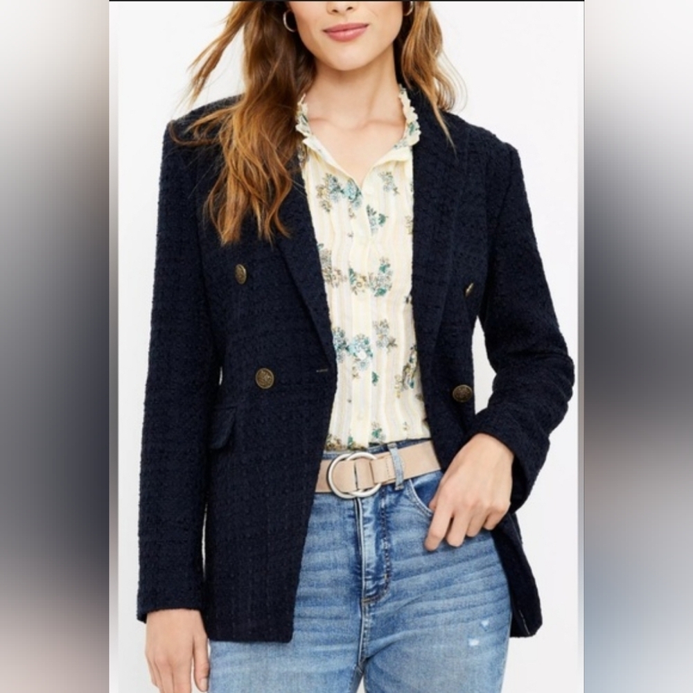 LOFT Navy Textured Blazer with Gold Buttons